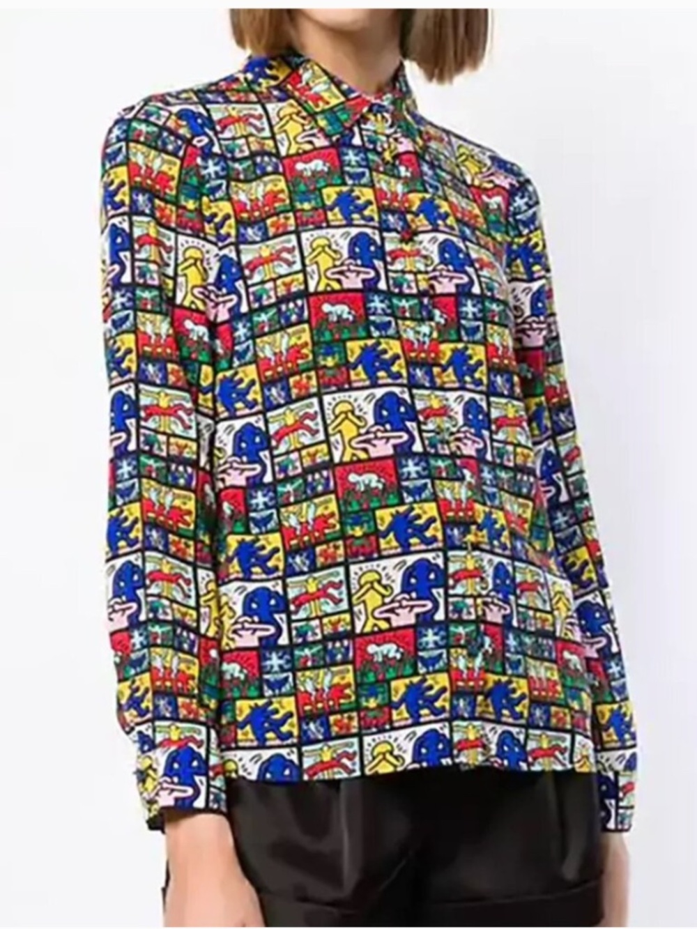 Alice + Olivia Keith Haring Willa Silk Shirt Blouse Dancing Man People Print